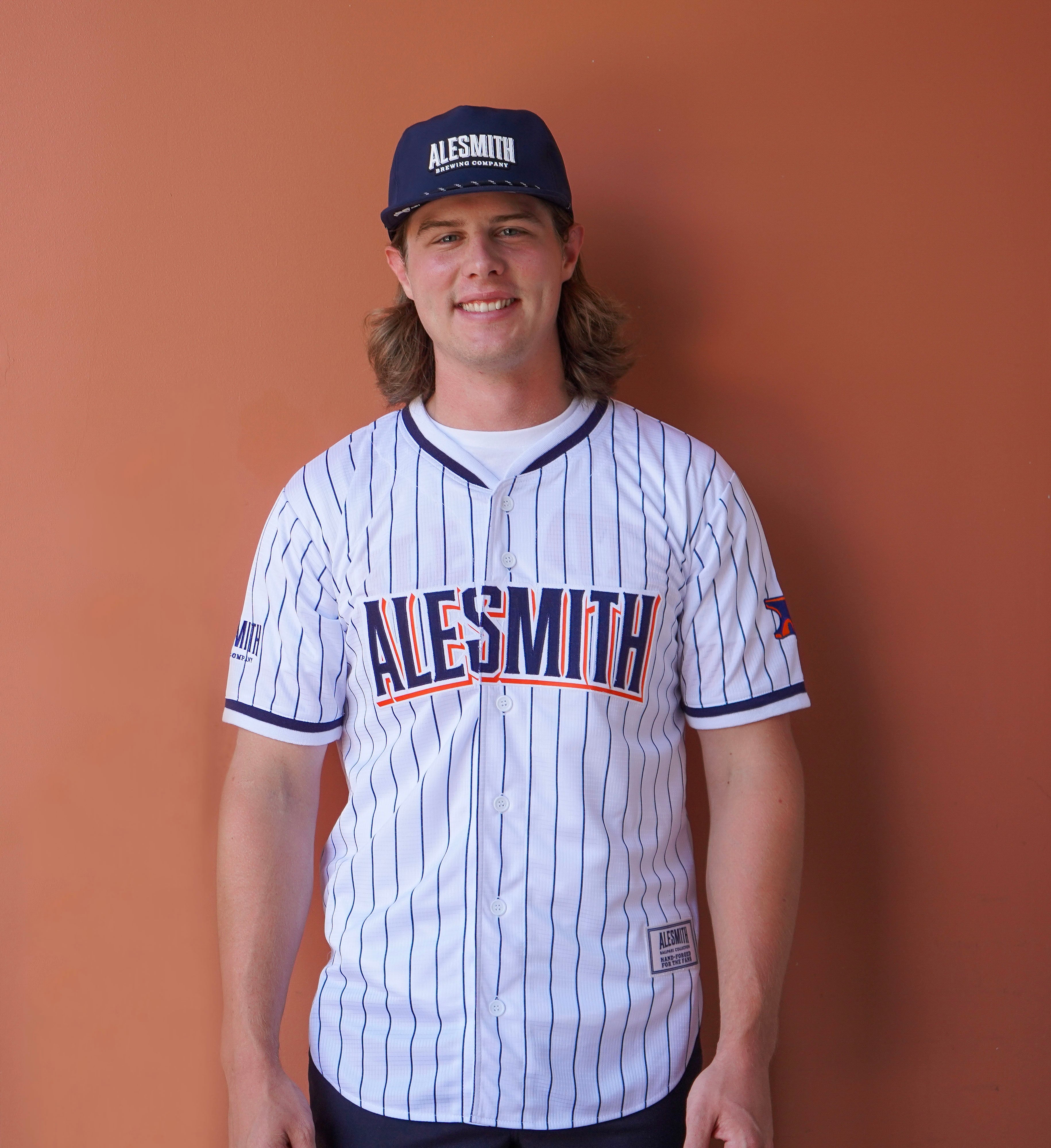 AleSmith Pinstripe Baseball Jersey Navy Orange Large